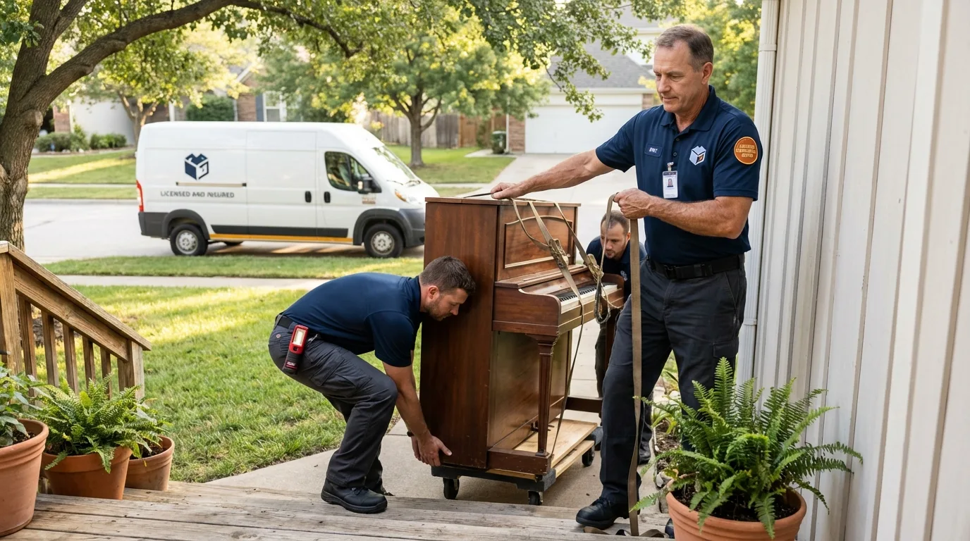 Licensed piano movers securing grand piano in Kirkland, IL