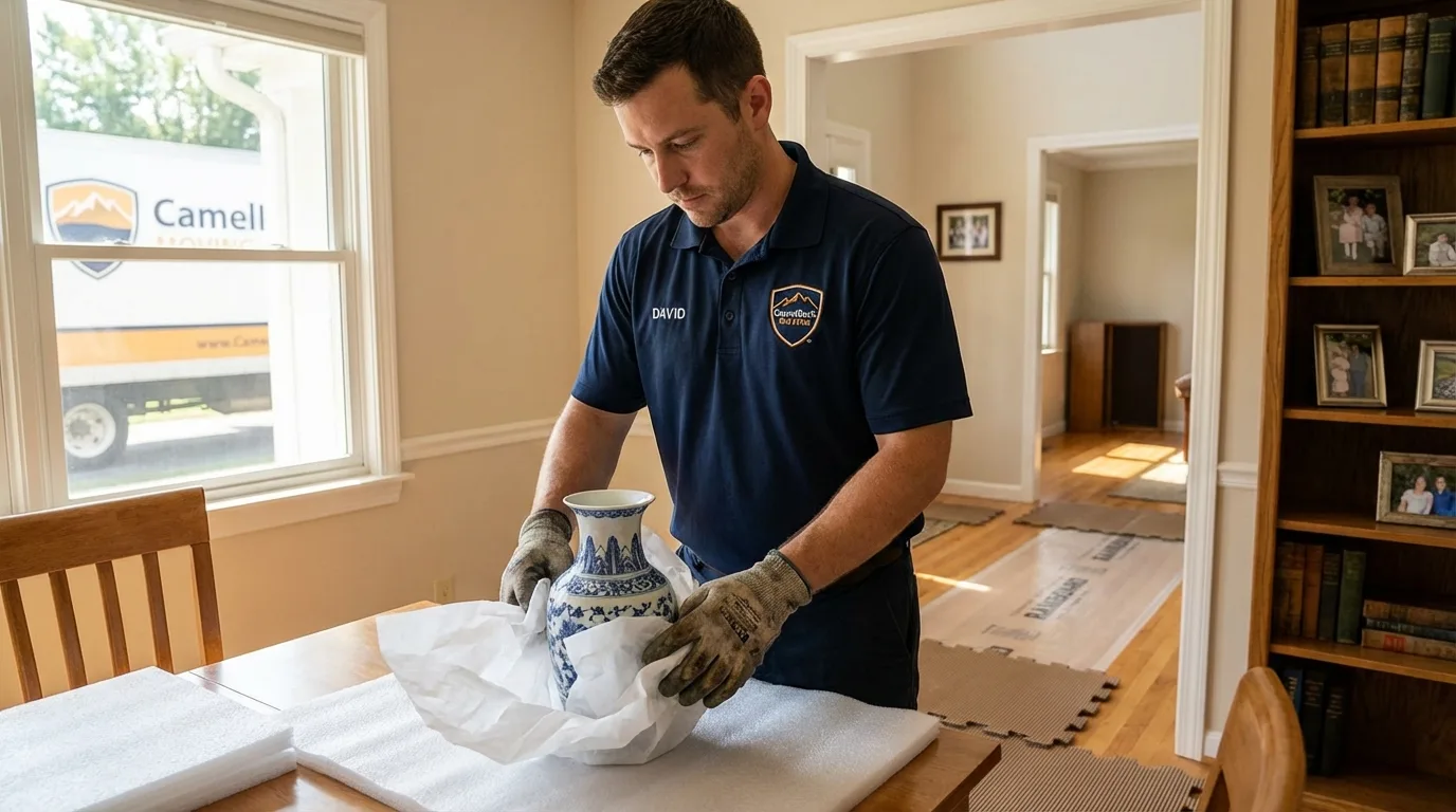 Professional crew carefully wrapping antique vase for senior downsizing move in Kirkland, IL